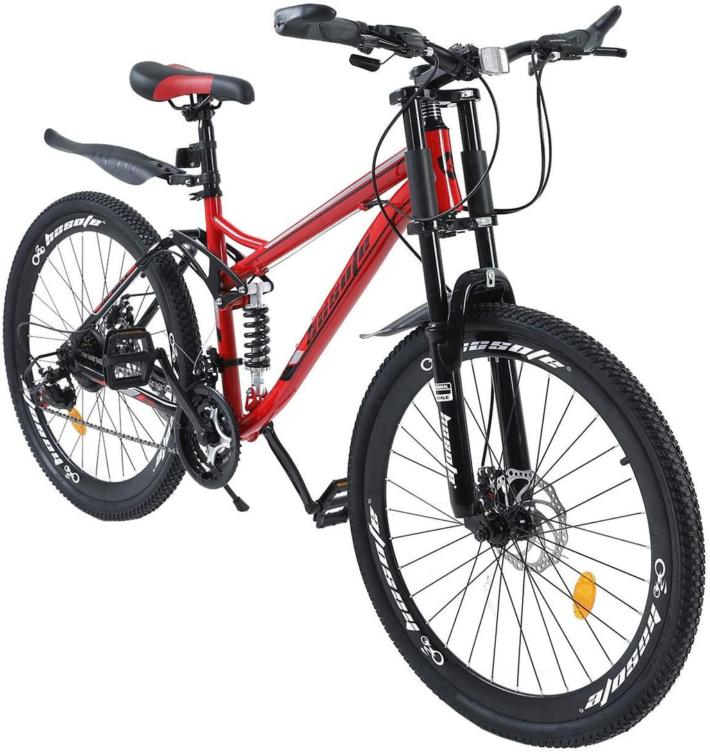 hosote 26 inch Full Suspension Mountain Bike, 21 Speed  Derailleur Mountain Bicycles, 17 inch Carbon Steel Frame MTB City Bikes for Teens and Adults with Fenders