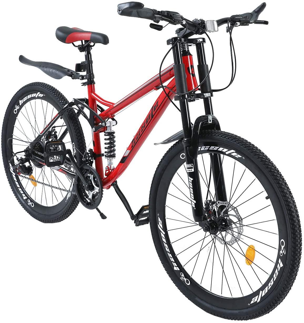 hosote 26 inch Full Suspension Mountain Bike, 21 Speed  Derailleur Mountain Bicycles, 17 inch Carbon Steel Frame MTB City Bikes for Teens and Adults with Fenders