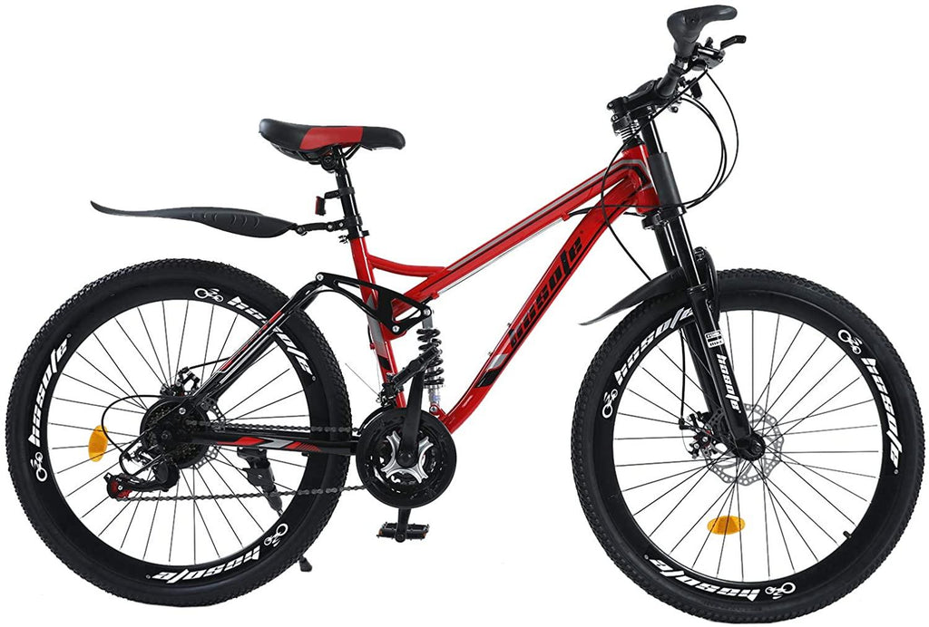 hosote 26 inch Full Suspension Mountain Bike, 21 Speed  Derailleur Mountain Bicycles, 17 inch Carbon Steel Frame MTB City Bikes for Teens and Adults with Fenders