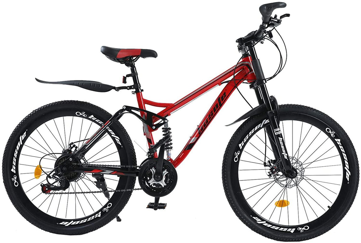 hosote 26 inch Full Suspension Mountain Bike, 21 Speed  Derailleur Mountain Bicycles, 17 inch Carbon Steel Frame MTB City Bikes for Teens and Adults with Fenders