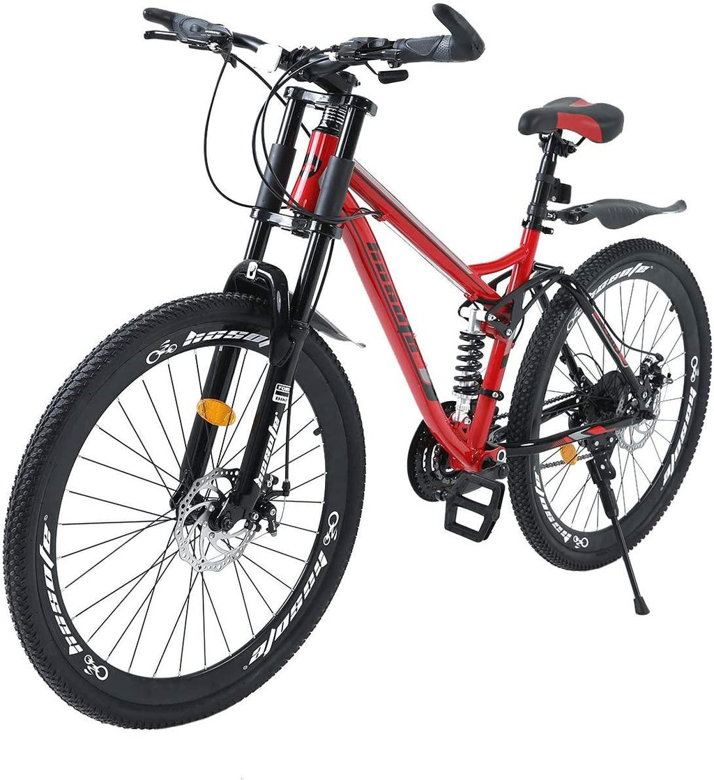 hosote 26 inch Full Suspension Mountain Bike, 21 Speed  Derailleur Mountain Bicycles, 17 inch Carbon Steel Frame MTB City Bikes for Teens and Adults with Fenders