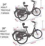 ABORON Adults Tricycle, 20/24/26 Inch 7 Speed Cruiser Trike, 3 Wheels Bike with LarBasket for Shopping Picnic Outdoor Sports Men Women