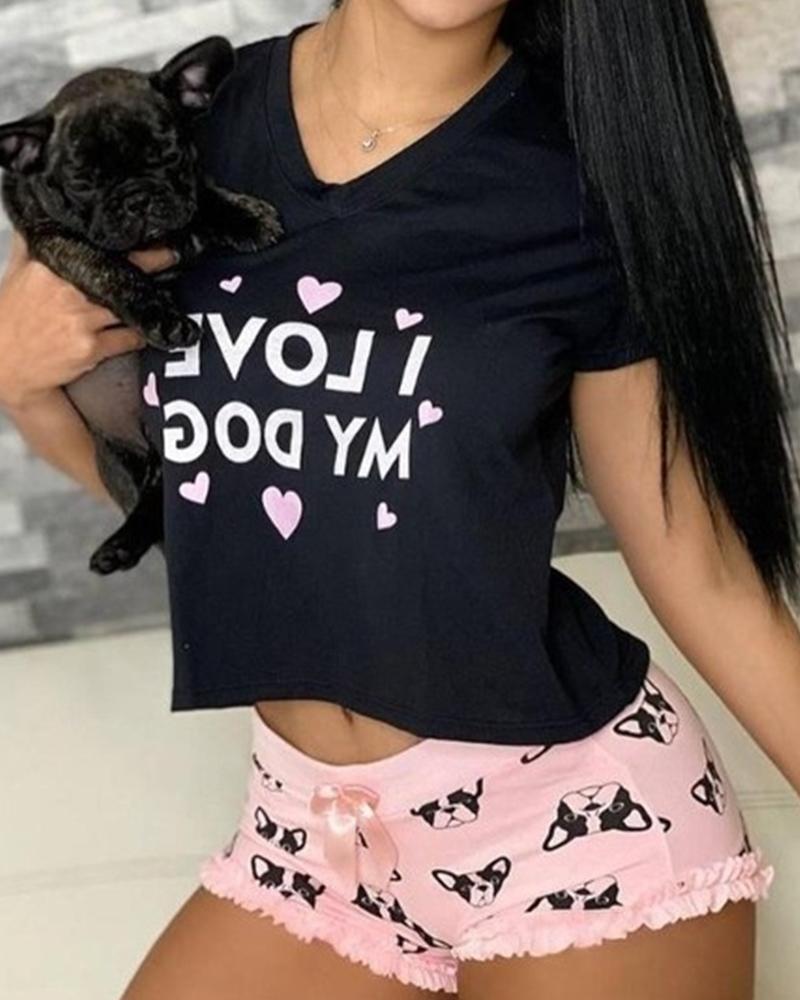 letter short sleeve top &amp; dog print frill hem bowknot shorts set