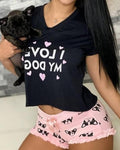 letter short sleeve top &amp; dog print frill hem bowknot shorts set