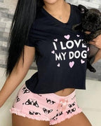 letter short sleeve top &amp; dog print frill hem bowknot shorts set