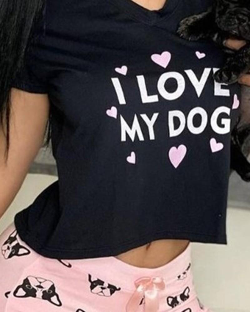 letter short sleeve top &amp; dog print frill hem bowknot shorts set