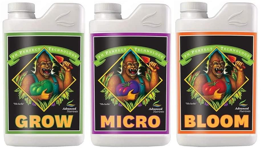 advanced nutrients ph perfect grow, micro, bloom 4l, 3-part base nutrient, 4 liters each