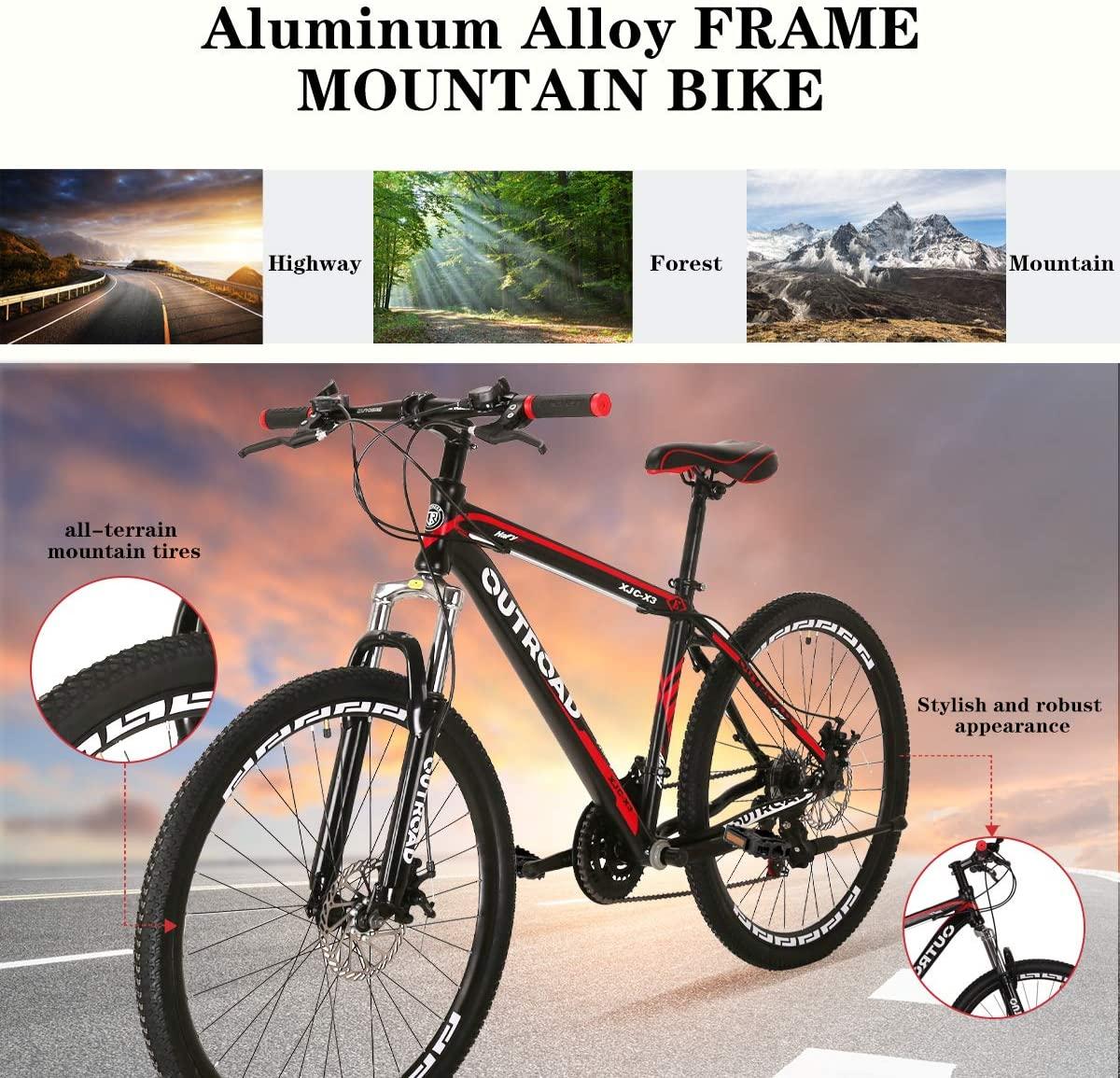 PanAme 26 Inch Mountain Bike, Aluminum Alloy Frame Bike with 21 Speed Dual Disc Brakes, Front Suspension Anti-Slip Bike for Adult - Black