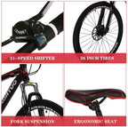 PanAme 26 Inch Mountain Bike, Aluminum Alloy Frame Bike with 21 Speed Dual Disc Brakes, Front Suspension Anti-Slip Bike for Adult - Black