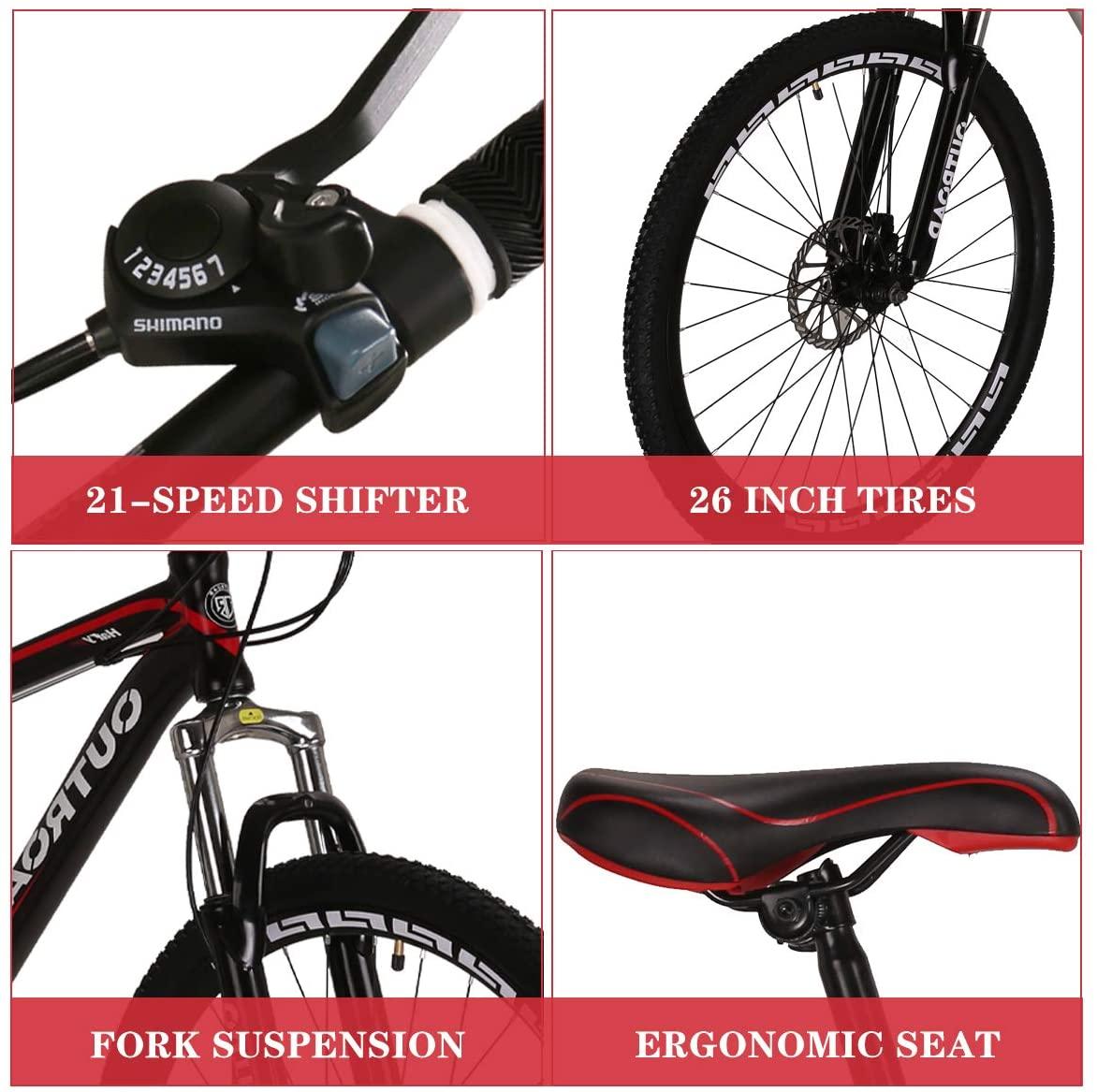 PanAme 26 Inch Mountain Bike, Aluminum Alloy Frame Bike with 21 Speed Dual Disc Brakes, Front Suspension Anti-Slip Bike for Adult - Black