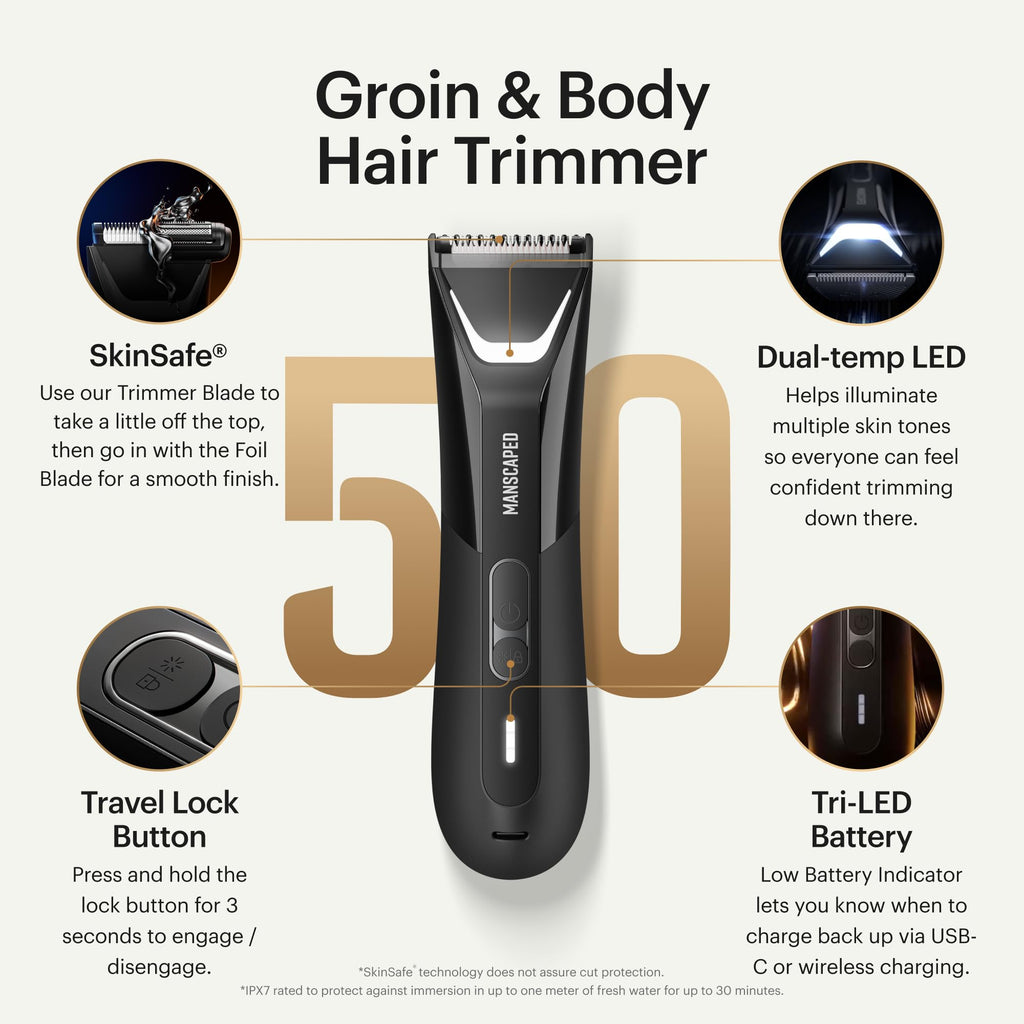 Lawn Mower5.0 Ultra Groin &amp; Body Hair Trimmer – Dual-Head SkinSafeTrimmer &amp; Foil Blades, Waterproof Wet/Dry Groomer, USB-C Rechargeable with Travel Case, Men’s Ball Shaver, Black