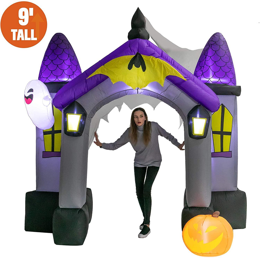 Joiedomi Halloween Inflatable 9 Feet Tall Haunted House Archway Inflatable Yard Decoration with Build-in LEDs Blow Up Inflatables for Halloween Party Indoor, Outdoor, Yard, Garden, Lawn Decorations