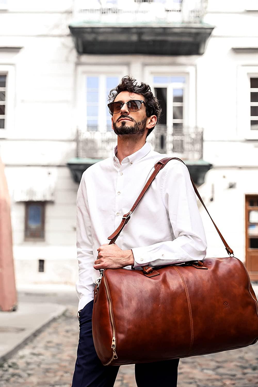 Leather Garment Bag Travel Duffel Bag for Suits and Dresses Carry-on Suitcase for Clothes Protection – Time Resistance (Cognac)