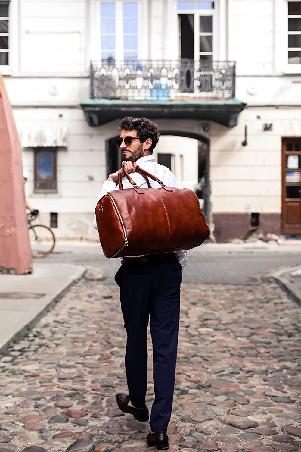 Leather Garment Bag Travel Duffel Bag for Suits and Dresses Carry-on Suitcase for Clothes Protection – Time Resistance (Cognac)
