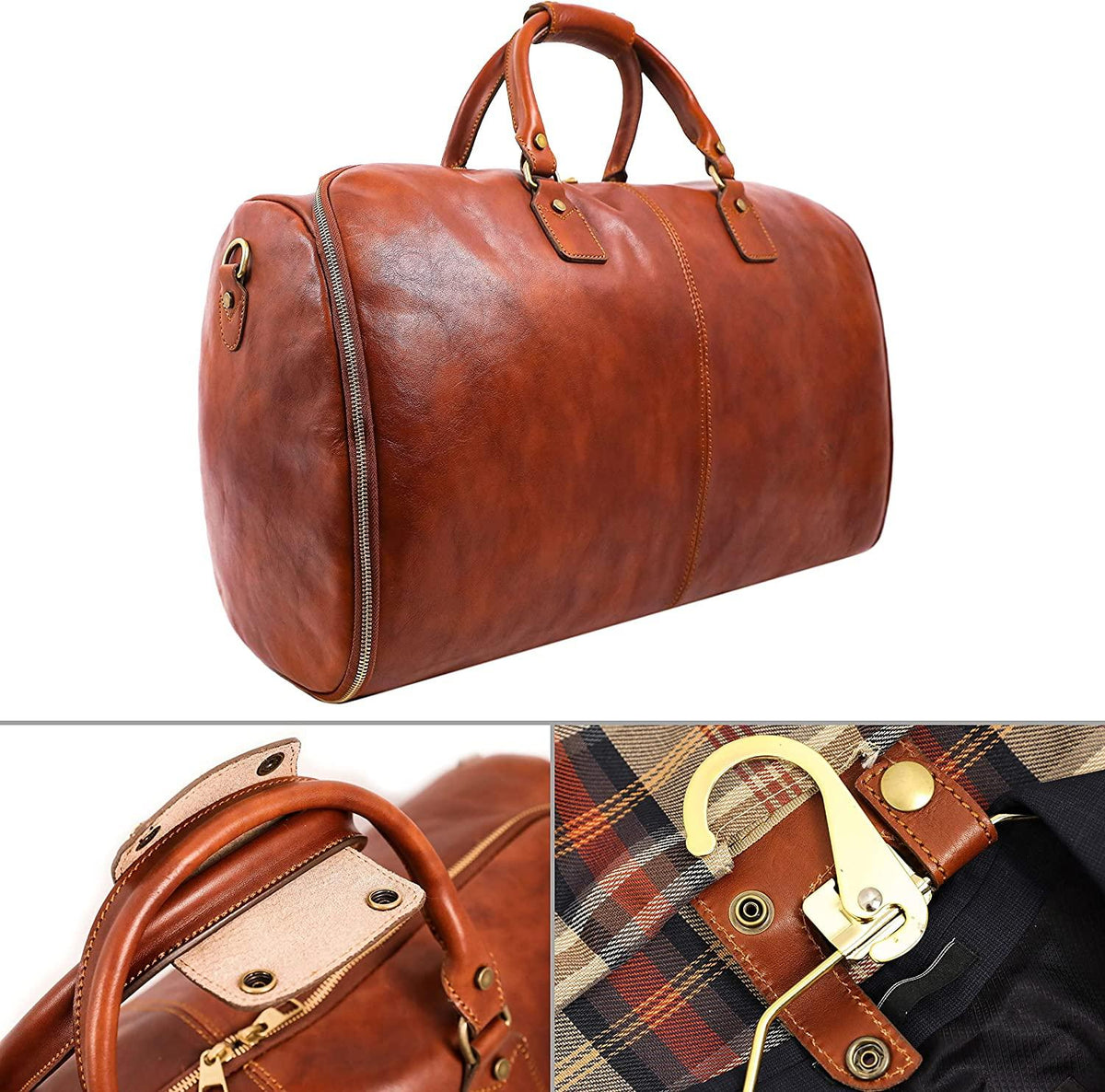 Leather Garment Bag Travel Duffel Bag for Suits and Dresses Carry-on Suitcase for Clothes Protection – Time Resistance (Cognac)