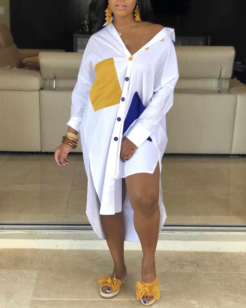 colorblock pocket design irregular shirt dress