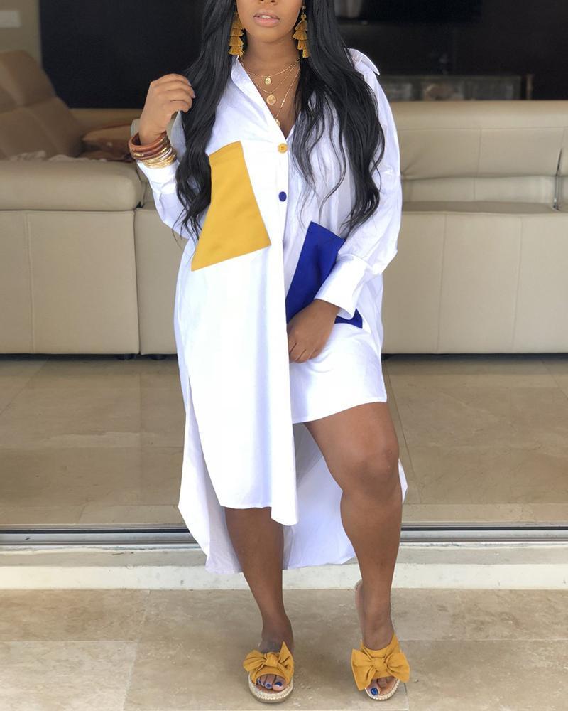 colorblock pocket design irregular shirt dress