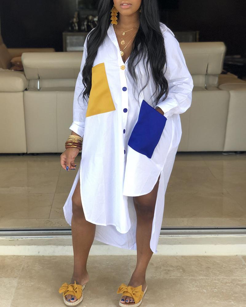colorblock pocket design irregular shirt dress