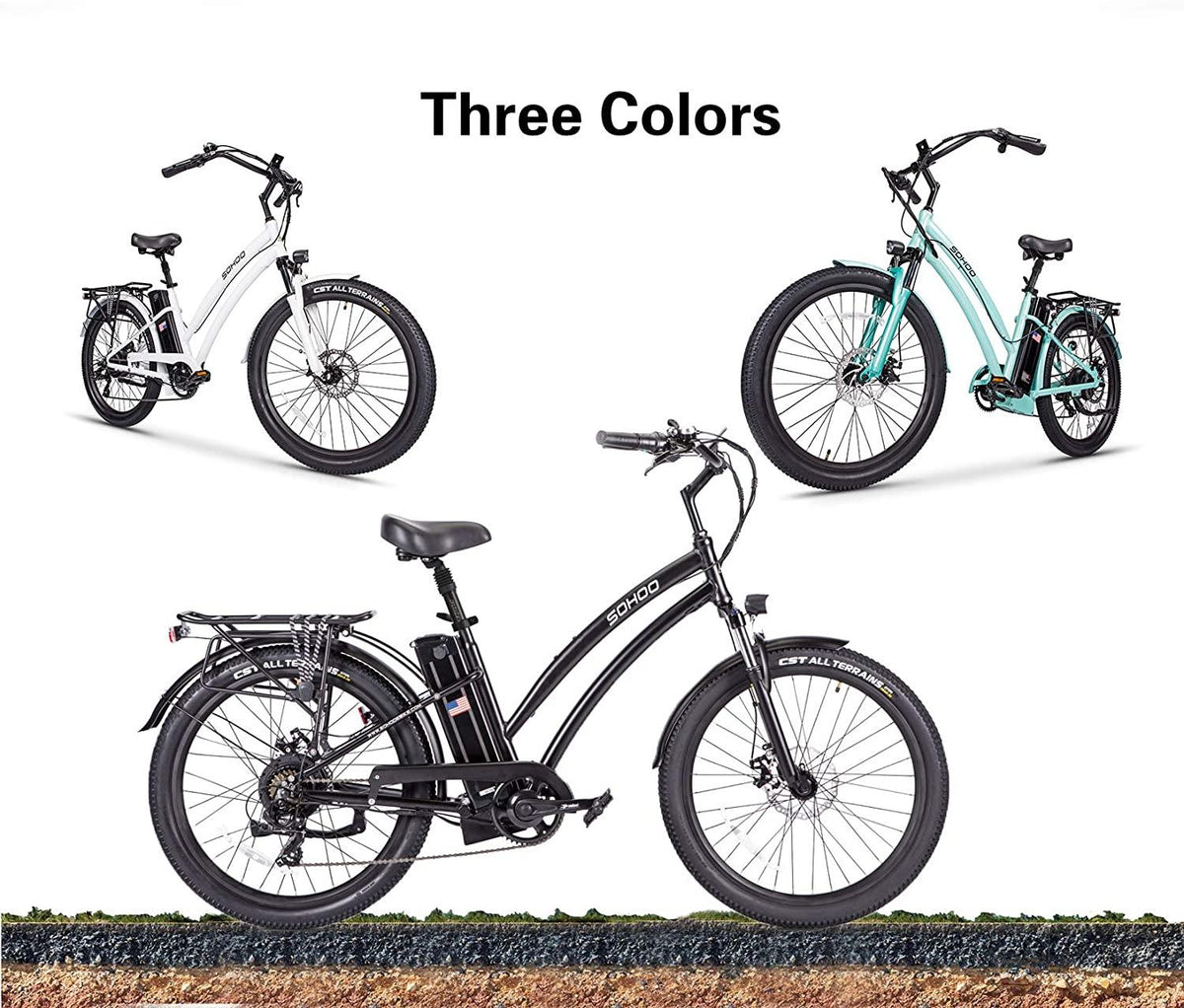 SOHOO 48V500W13Ah 26" Step-Thru Beach Cruiser Electric Bicycle City E-Bike Mountain Bike