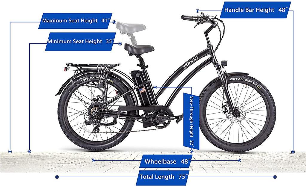 SOHOO 48V500W13Ah 26" Step-Thru Beach Cruiser Electric Bicycle City E-Bike Mountain Bike