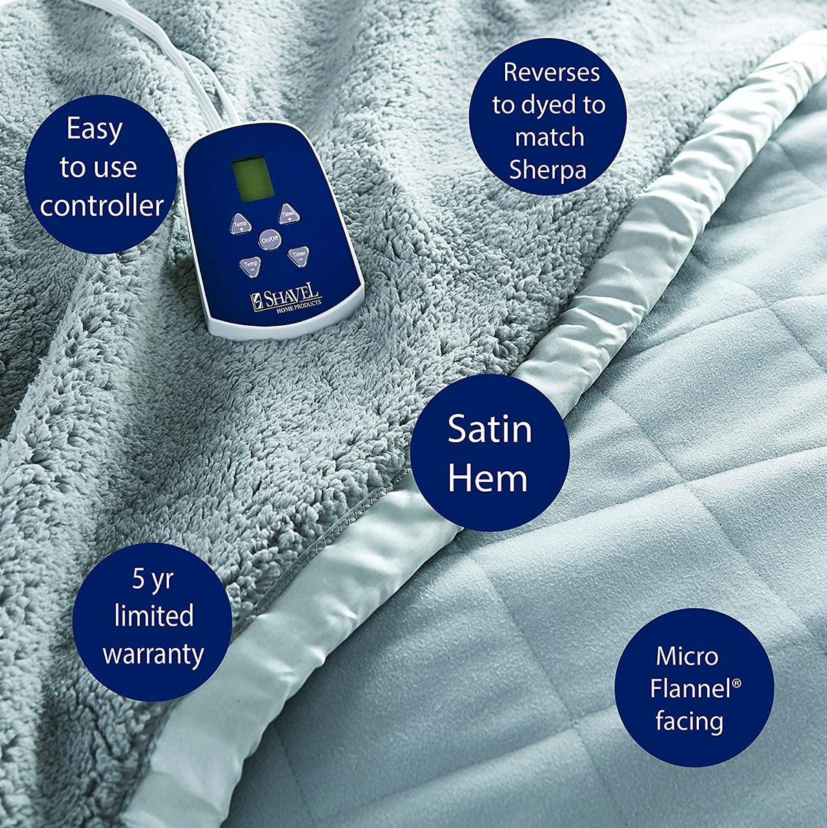 Twin-Size Heated Electric Blanket with Sherpa, Machine Wash &amp; Dry, Timer &amp; Safety Shutoff, 84Lx62W, Toile Sky Blue
