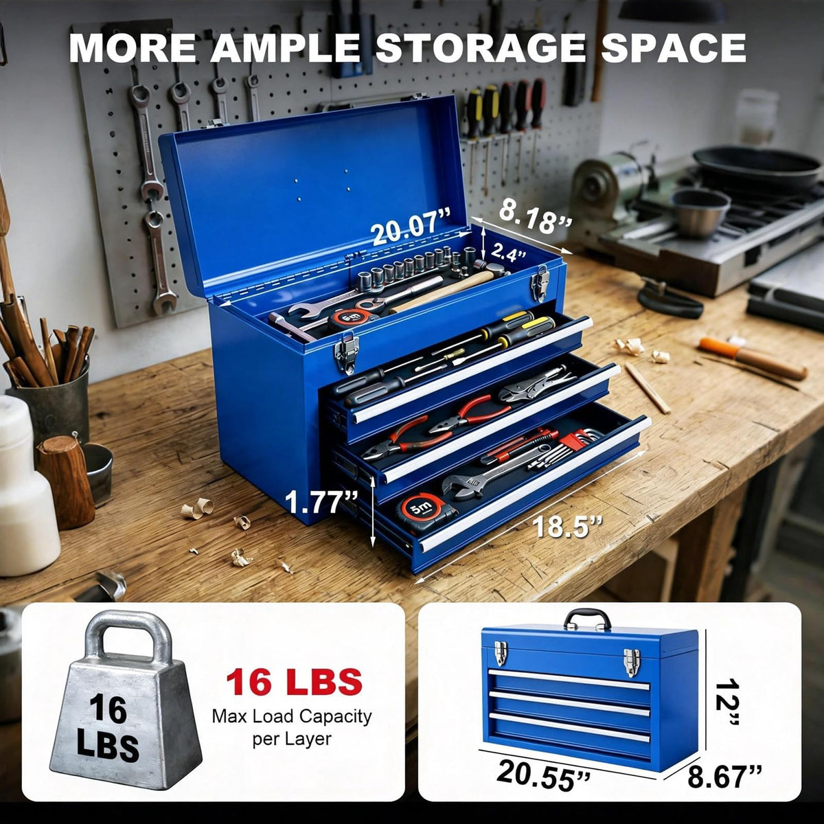 ANTBD133-XU  3 Drawer 20.5" Portable Metal Tool Box: Ball-Bearing Slides and 2 Metal Latches for Secure Closure in Garage, Home or Workbench, Blue