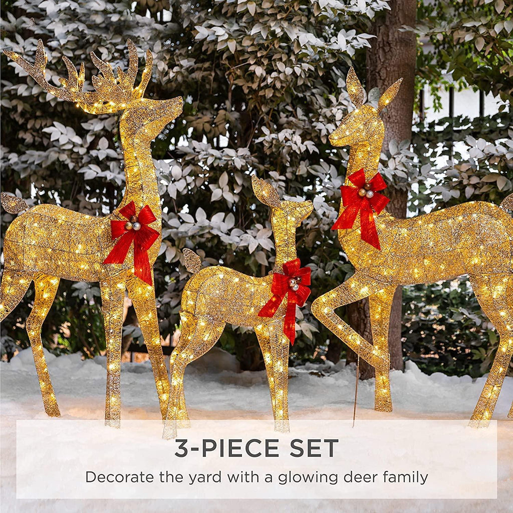 KXRELTY Good Choice Products 3-Piece Lighted Christmas Deer Family Set Outdoor Yard Decoration with 360 LED Lights, Stakes, Zip Ties - Gold