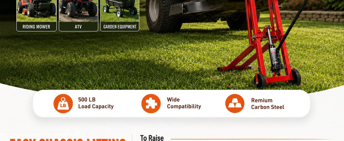 Lawn Mower Jack Lift 500-LB Carbon Steel Manual Crank Adjustable Width Tool | 3-Level Height Adjustment ,4-Level Tire Width Adjustment, Easy Operation Multiple Equipment ,Durable Construction