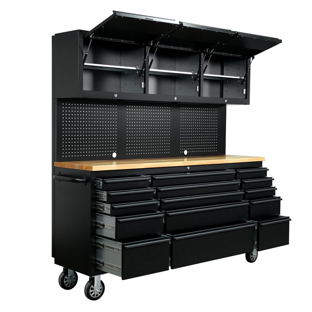 72-inch Tool Chest Cabinet Rolling GaraWorkbench with 15 StoraDrawers and Wheels, 3 Upper Cabinet, Pegboard, Steel LarTool Box,Matte Black