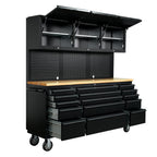 72-inch Tool Chest Cabinet Rolling GaraWorkbench with 15 StoraDrawers and Wheels, 3 Upper Cabinet, Pegboard, Steel LarTool Box,Matte Black
