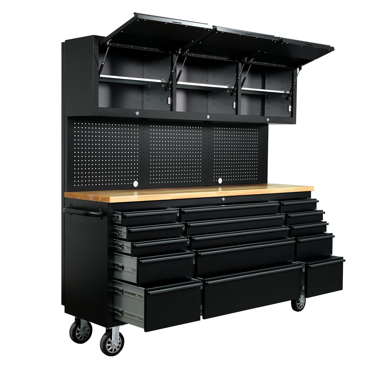 72-inch Tool Chest Cabinet Rolling GaraWorkbench with 15 StoraDrawers and Wheels, 3 Upper Cabinet, Pegboard, Steel LarTool Box,Matte Black