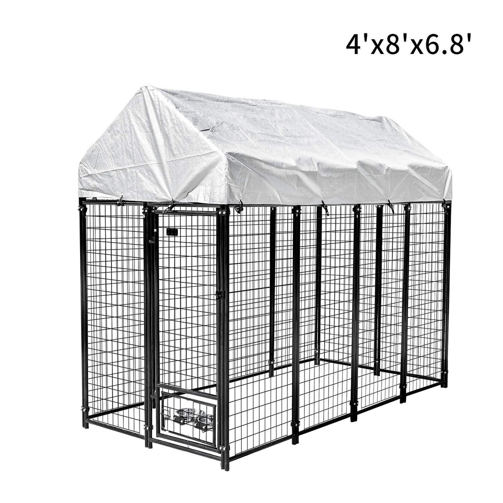 Pupzo Welded Wire Dog Kennel,Outdoor Heavy Duty Pet Kennel with UV Protection and Waterproof Trap Cover Automatic Lock Rotatable Window 2  Steel Bowls Black