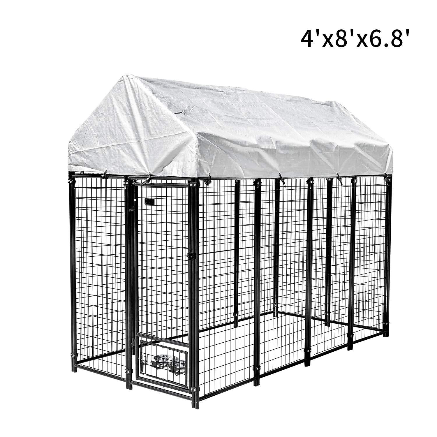 Pupzo Welded Wire Dog Kennel,Outdoor Heavy Duty Pet Kennel with UV Protection and Waterproof Trap Cover Automatic Lock Rotatable Window 2  Steel Bowls Black