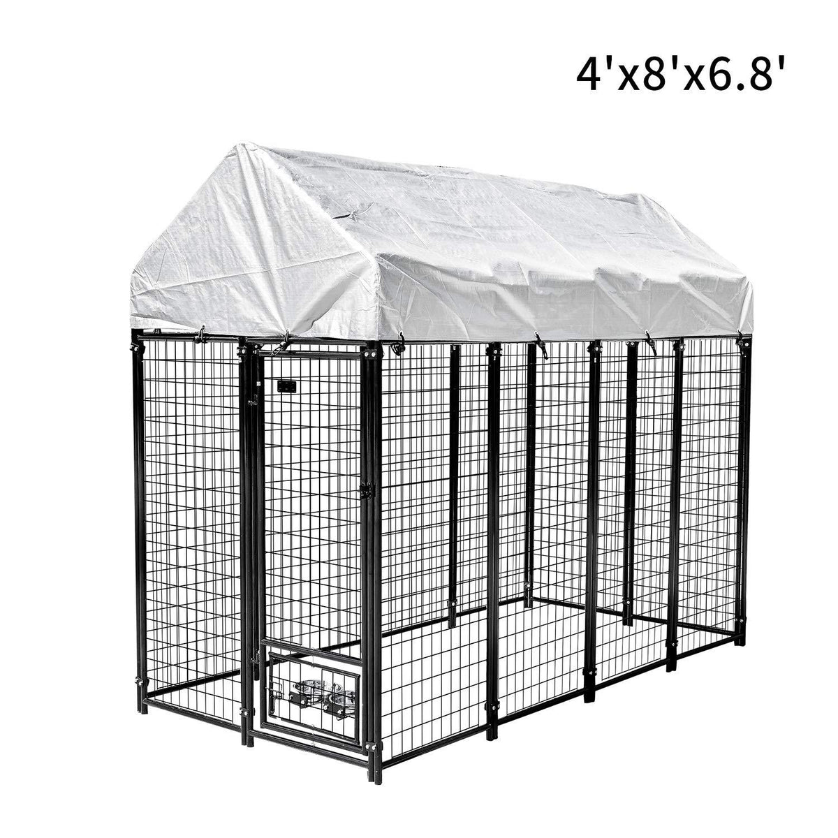 Pupzo Welded Wire Dog Kennel,Outdoor Heavy Duty Pet Kennel with UV Protection and Waterproof Trap Cover Automatic Lock Rotatable Window 2  Steel Bowls Black