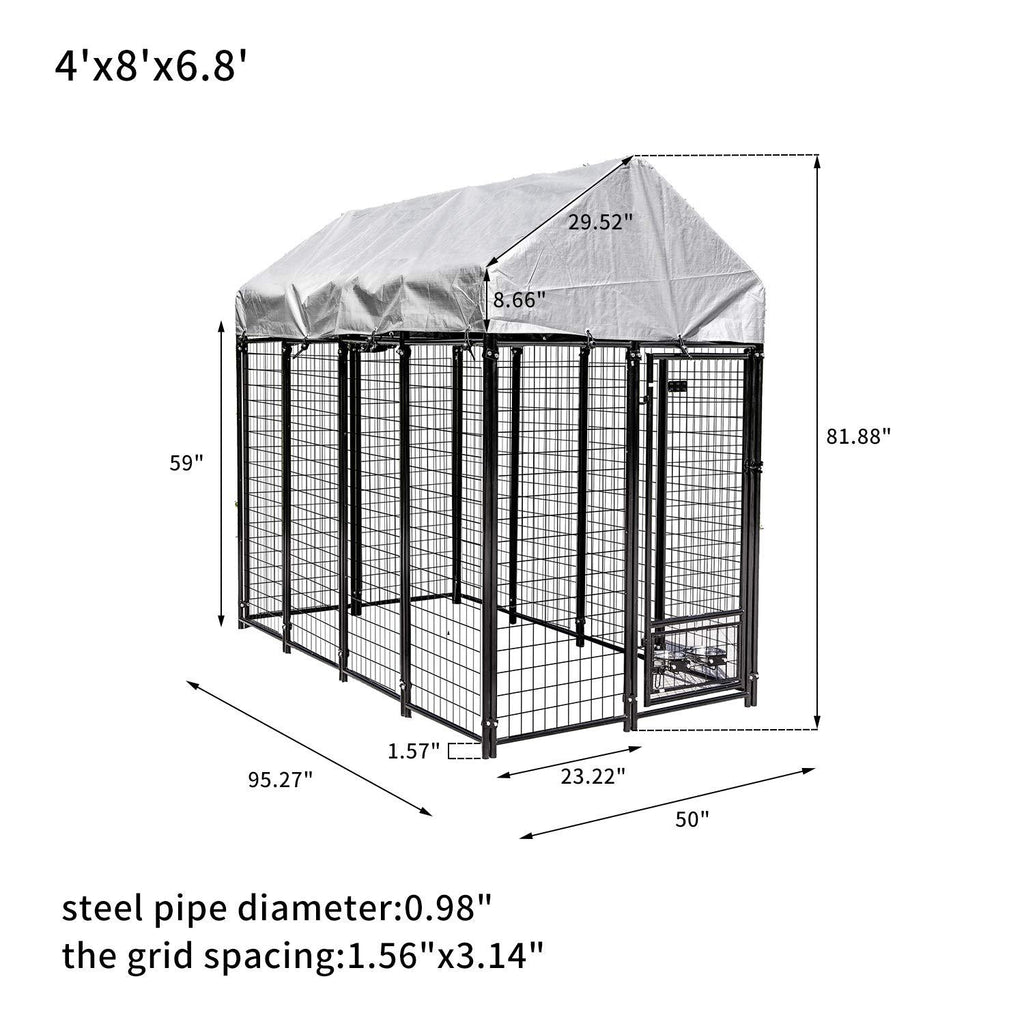 Pupzo Welded Wire Dog Kennel,Outdoor Heavy Duty Pet Kennel with UV Protection and Waterproof Trap Cover Automatic Lock Rotatable Window 2  Steel Bowls Black