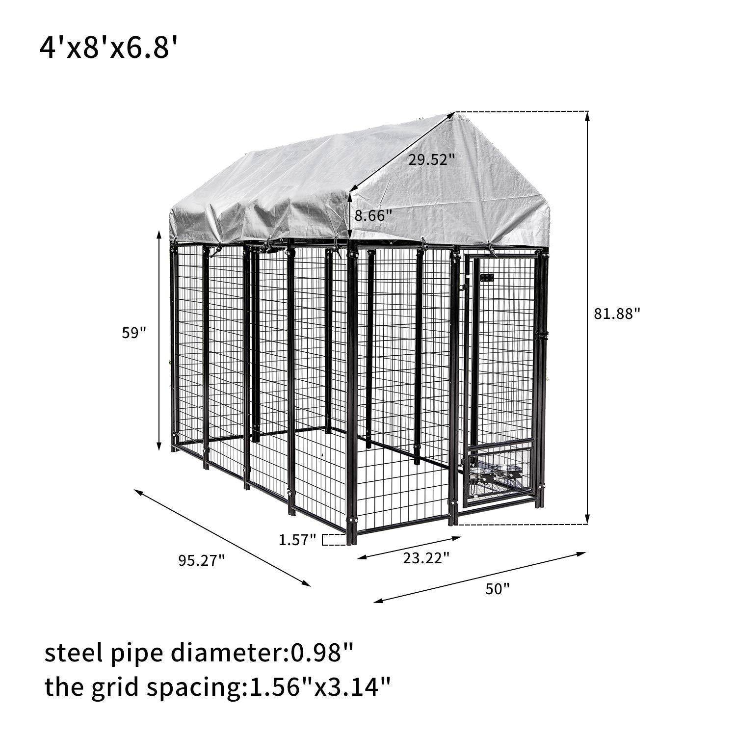 Pupzo Welded Wire Dog Kennel,Outdoor Heavy Duty Pet Kennel with UV Protection and Waterproof Trap Cover Automatic Lock Rotatable Window 2  Steel Bowls Black