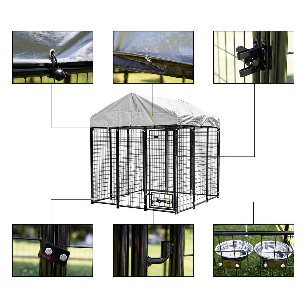 Pupzo Welded Wire Dog Kennel,Outdoor Heavy Duty Pet Kennel with UV Protection and Waterproof Trap Cover Automatic Lock Rotatable Window 2  Steel Bowls Black