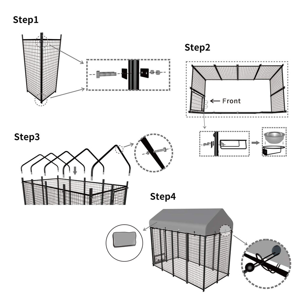 Pupzo Welded Wire Dog Kennel,Outdoor Heavy Duty Pet Kennel with UV Protection and Waterproof Trap Cover Automatic Lock Rotatable Window 2  Steel Bowls Black