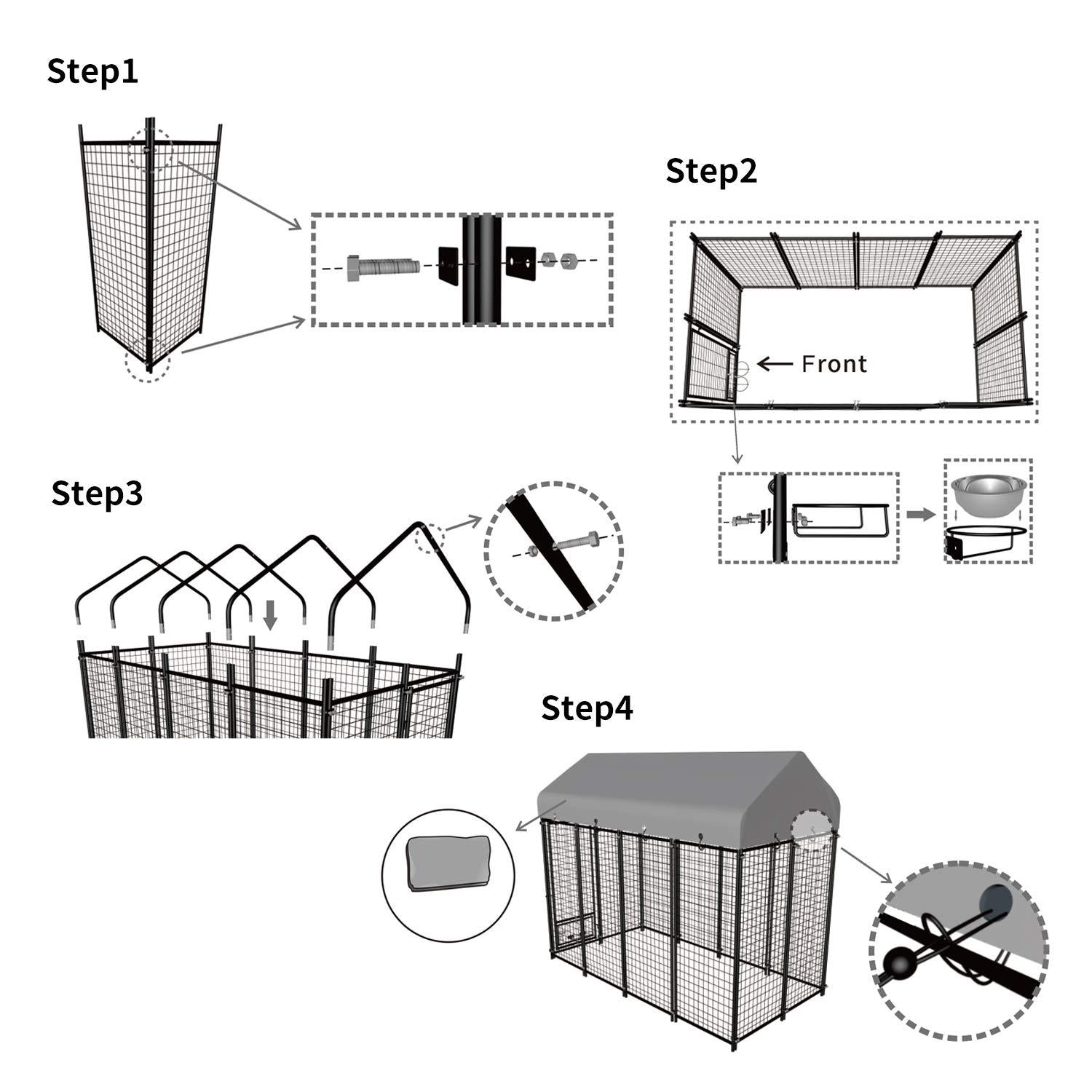 Pupzo Welded Wire Dog Kennel,Outdoor Heavy Duty Pet Kennel with UV Protection and Waterproof Trap Cover Automatic Lock Rotatable Window 2  Steel Bowls Black
