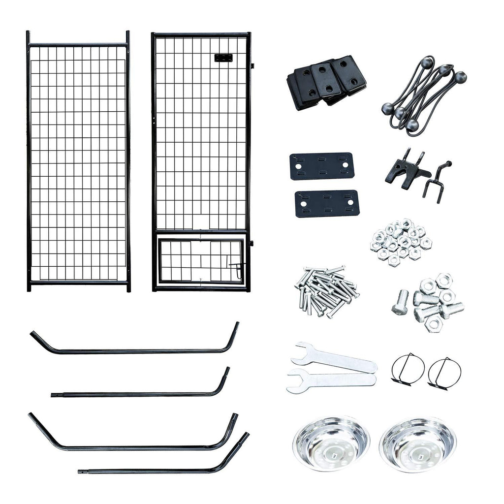 Pupzo Welded Wire Dog Kennel,Outdoor Heavy Duty Pet Kennel with UV Protection and Waterproof Trap Cover Automatic Lock Rotatable Window 2  Steel Bowls Black
