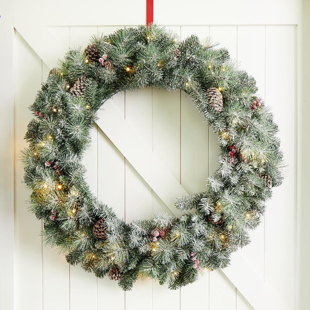 36 in. D Oversized Pre-Lit Glittered Pine Cone Artificial Christmas Wreath with 50 Warm White Lights