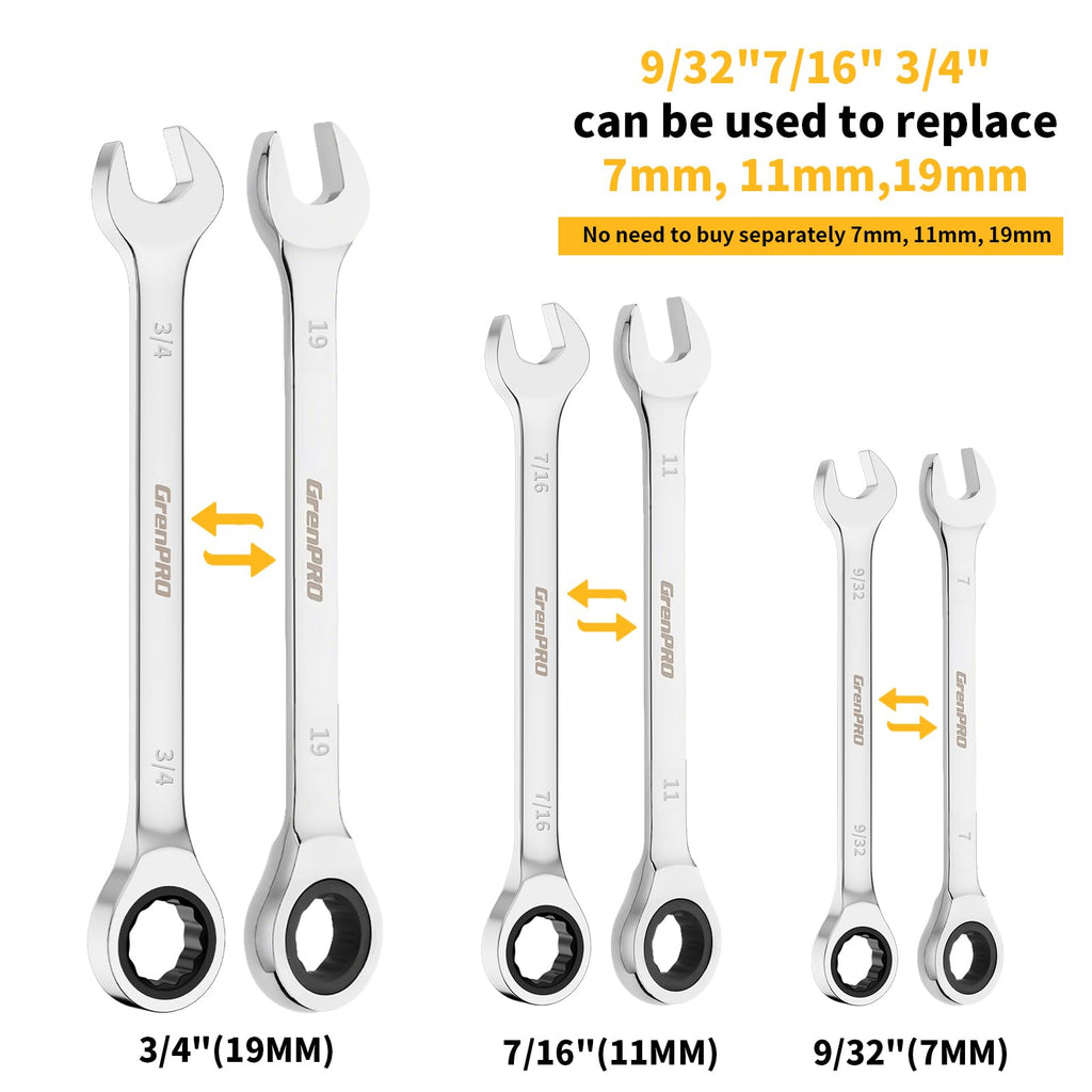 Ratcheting Wrench Set, Combination Wrench Set, 22-Piece SAE & Metric and Standard, 72Th Long Open End, 1/4" to 3/4" & 6-18mm, Organizer With Roll Up Pouch, CR-V Socket Mechanic Hand Tools Sets