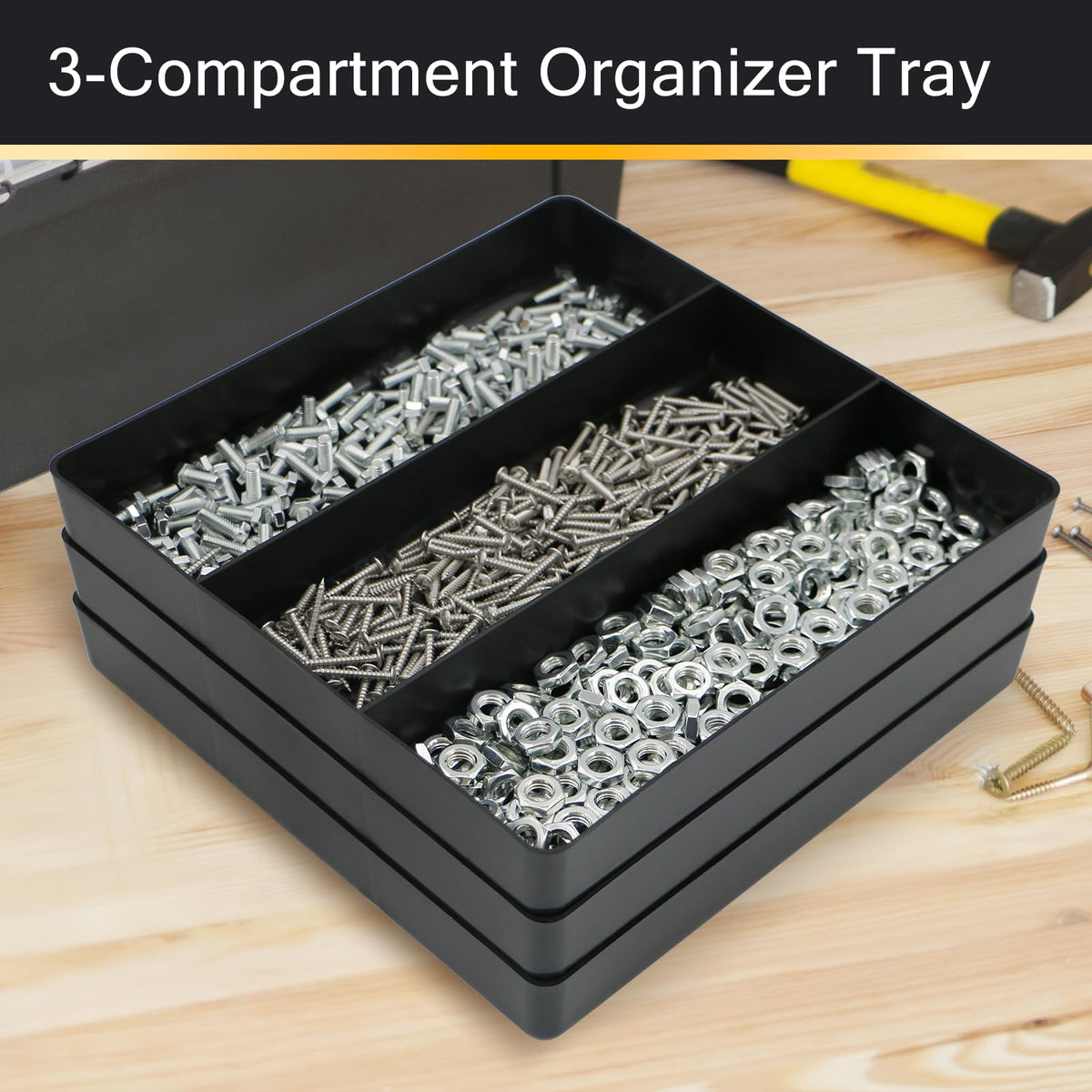 3-Compartment Tool Organizer Tray(1, Black) | Stackable , Heavy Duty, Drawer Organizer Tray, Non-Slip Base, Storaand Organization