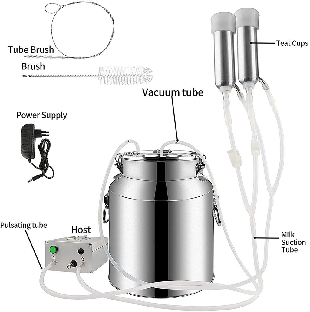 qlwy-mq electric portable milking machine for goats sheep, impulse milking supplies vacuum pump milker with 5l stainless steel milker livestock household domestic farm milking device