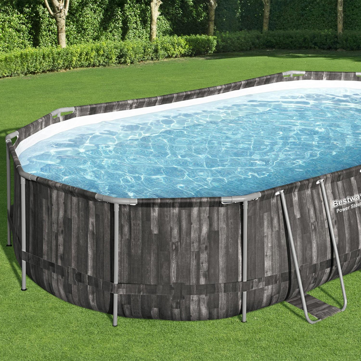 Power Steel 20 x 12 x 4 Foot Above Ground Oval Swimming Pool Set with Ladder, Pump, Replacement Cartridge, &amp; Accessory
