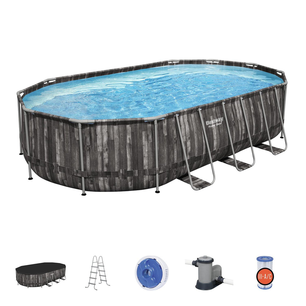 Power Steel 20 x 12 x 4 Foot Above Ground Oval Swimming Pool Set with Ladder, Pump, Replacement Cartridge, &amp; Accessory