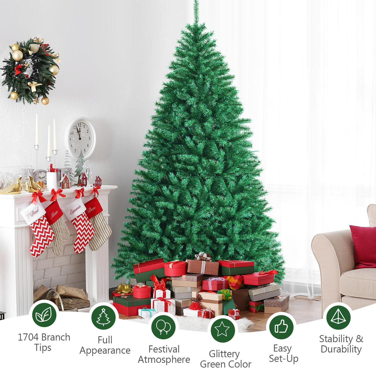 Costway 8ft Iridescent Tinsel Artificial Christmas Tree Green w/1704 Branch Tips