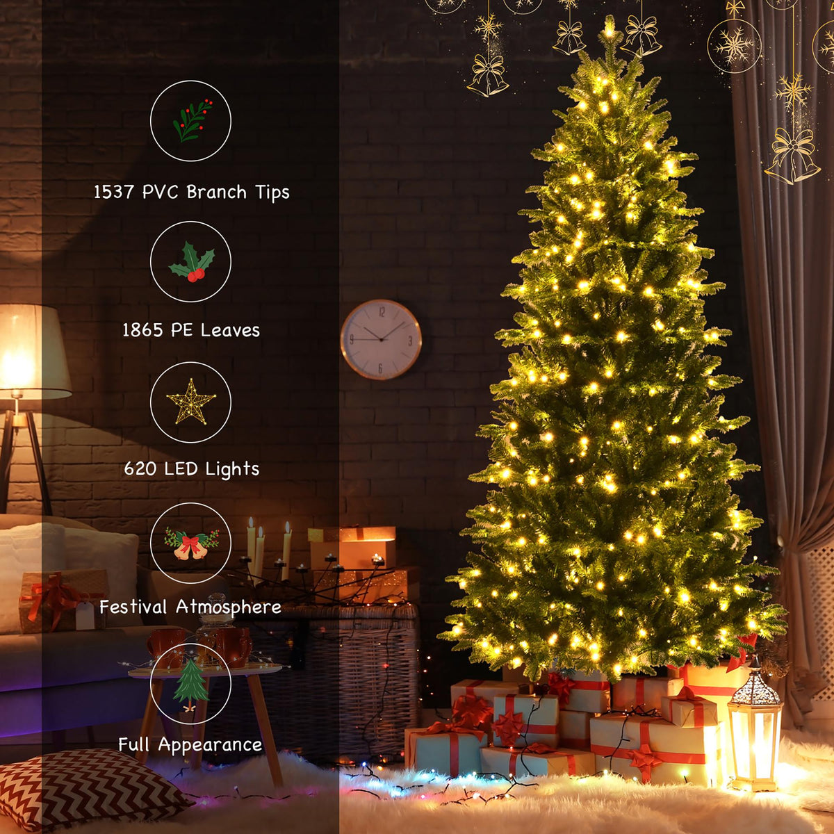 Costway 8FT Pre-Lit Hinged Christmas Tree 3402 PE &amp; PVC Tips w/ 620 Lights &amp; Foot Switch
