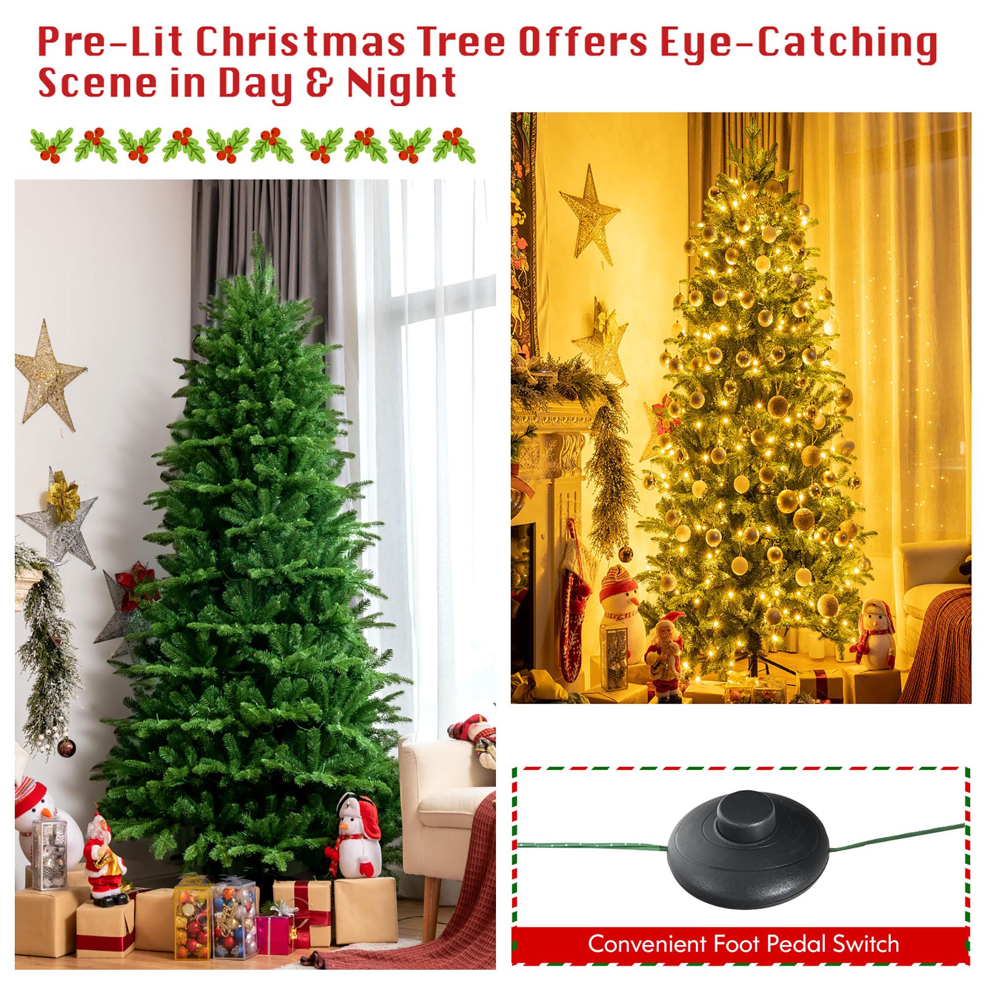 Costway 8FT Pre-Lit Hinged Christmas Tree 3402 PE &amp; PVC Tips w/ 620 Lights &amp; Foot Switch