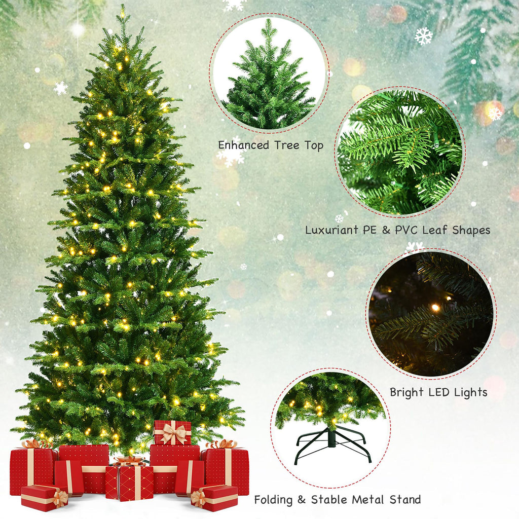 Costway 8FT Pre-Lit Hinged Christmas Tree 3402 PE &amp; PVC Tips w/ 620 Lights &amp; Foot Switch